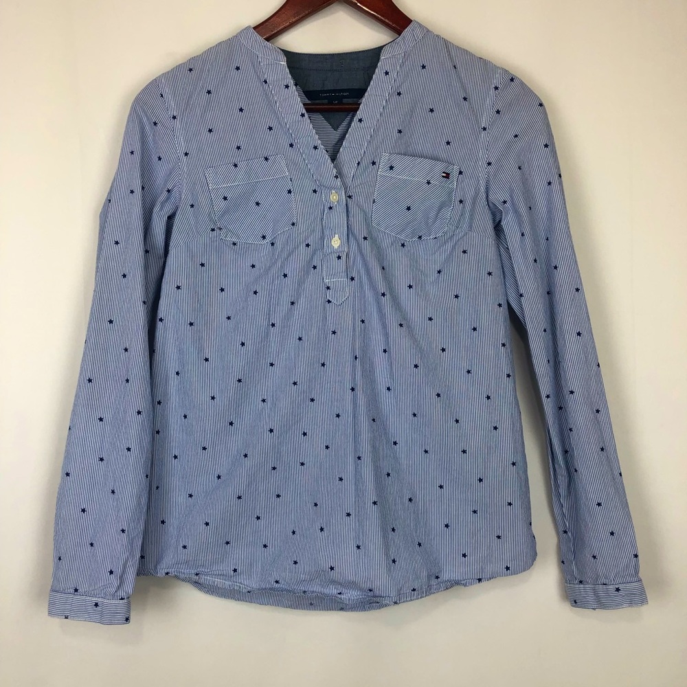 Tommy Hilfiger Star Polo Dress Shirt Formal Long Sleeve Stripes Patriotic Blue